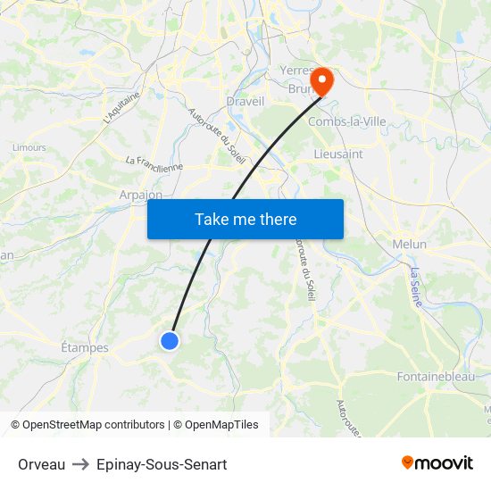 Orveau to Epinay-Sous-Senart map