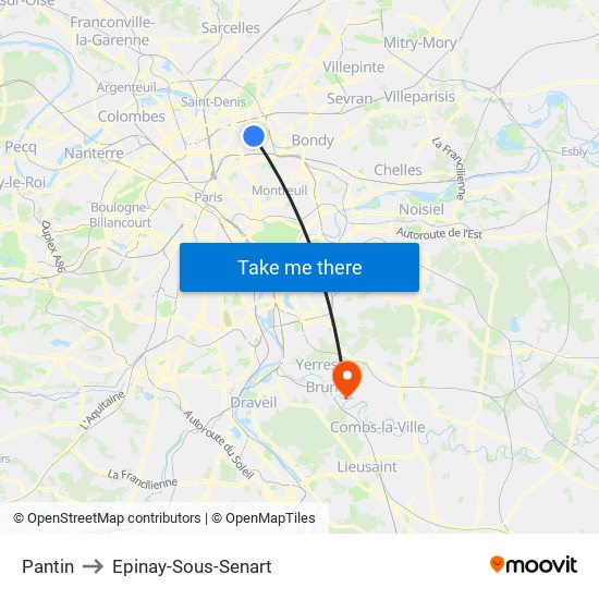 Pantin to Epinay-Sous-Senart map