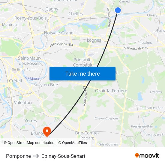 Pomponne to Epinay-Sous-Senart map