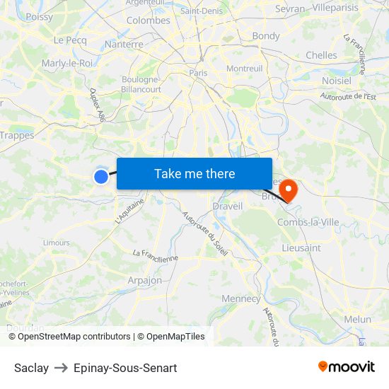 Saclay to Epinay-Sous-Senart map