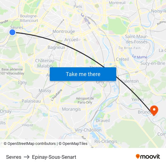 Sevres to Epinay-Sous-Senart map