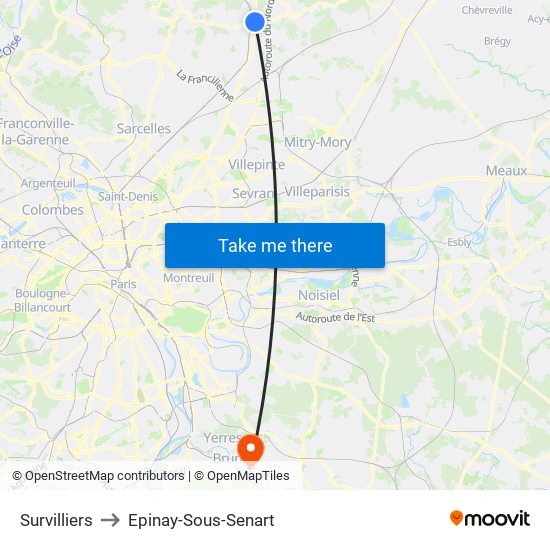 Survilliers to Epinay-Sous-Senart map