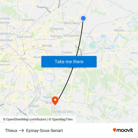 Thieux to Epinay-Sous-Senart map