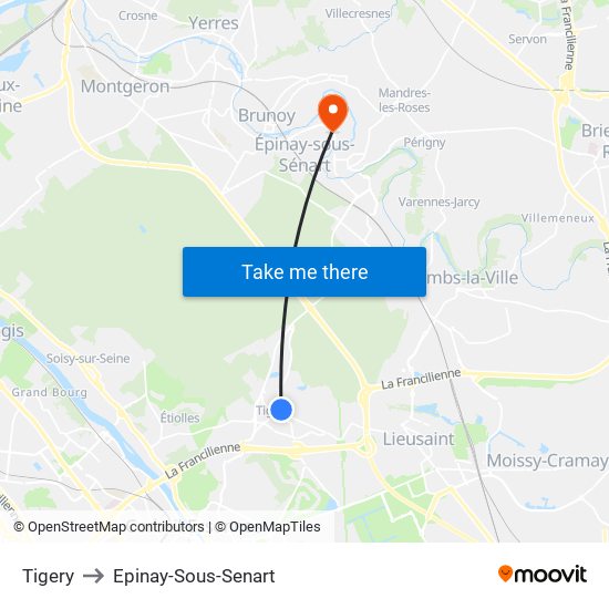 Tigery to Epinay-Sous-Senart map
