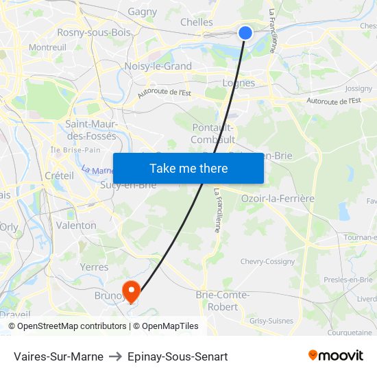 Vaires-Sur-Marne to Epinay-Sous-Senart map