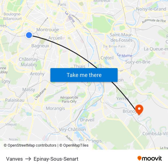 Vanves to Epinay-Sous-Senart map