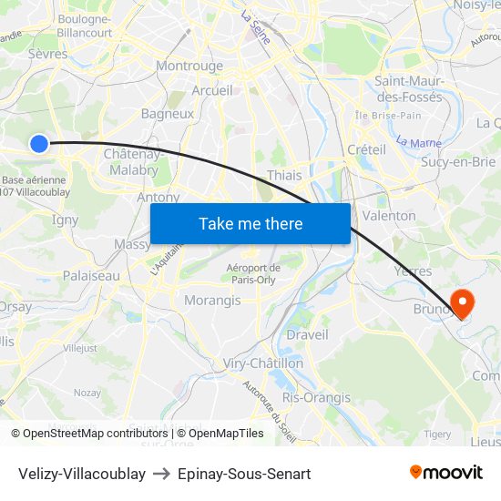 Velizy-Villacoublay to Epinay-Sous-Senart map