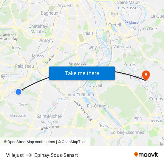 Villejust to Epinay-Sous-Senart map