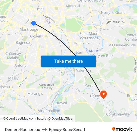 Denfert-Rochereau to Epinay-Sous-Senart map