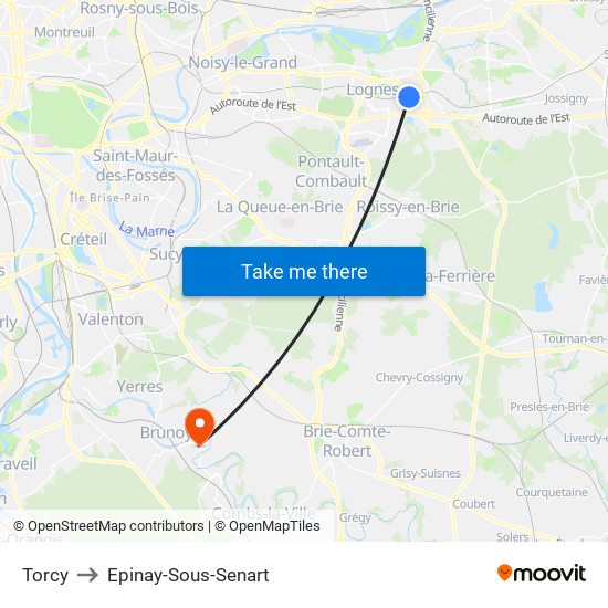 Torcy to Epinay-Sous-Senart map