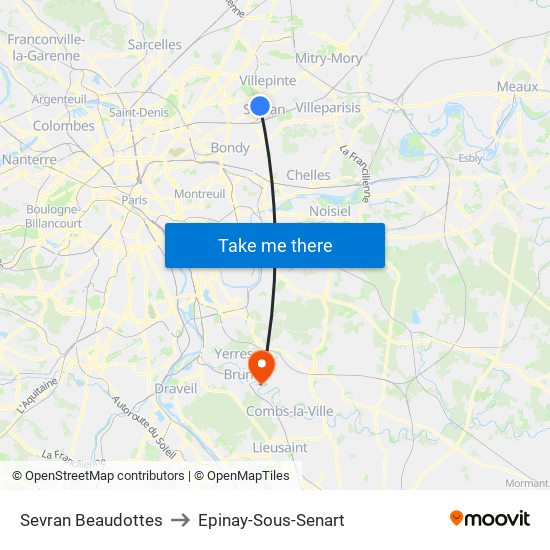 Sevran Beaudottes to Epinay-Sous-Senart map