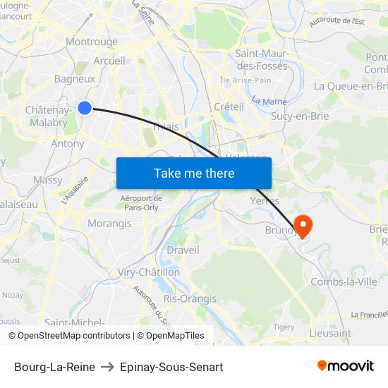 Bourg-La-Reine to Epinay-Sous-Senart map