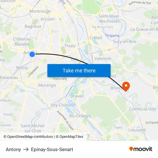 Antony to Epinay-Sous-Senart map