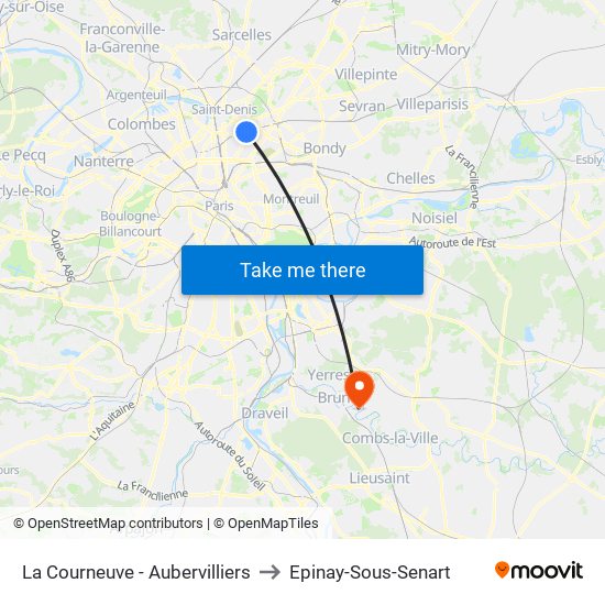 La Courneuve - Aubervilliers to Epinay-Sous-Senart map