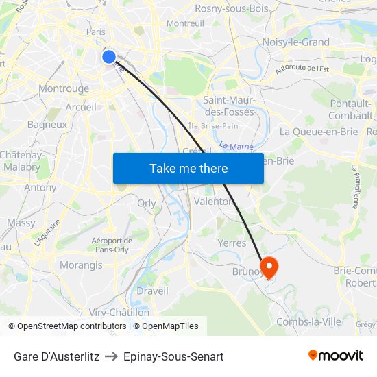 Gare D'Austerlitz to Epinay-Sous-Senart map