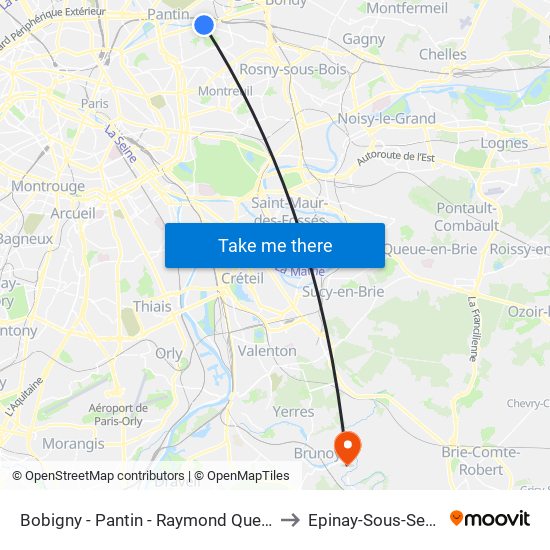 Bobigny - Pantin - Raymond Queneau to Epinay-Sous-Senart map