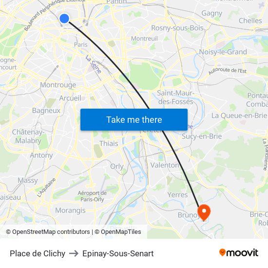 Place de Clichy to Epinay-Sous-Senart map