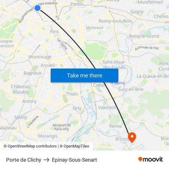 Porte de Clichy to Epinay-Sous-Senart map