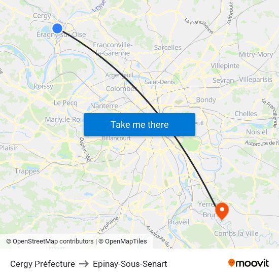 Cergy Préfecture to Epinay-Sous-Senart map