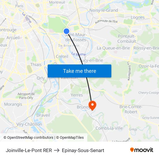 Joinville-Le-Pont RER to Epinay-Sous-Senart map