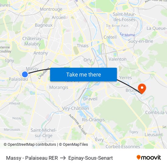 Massy - Palaiseau RER to Epinay-Sous-Senart map