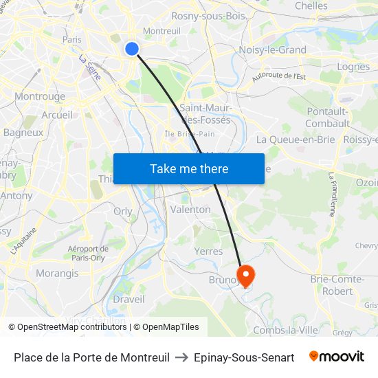 Place de la Porte de Montreuil to Epinay-Sous-Senart map