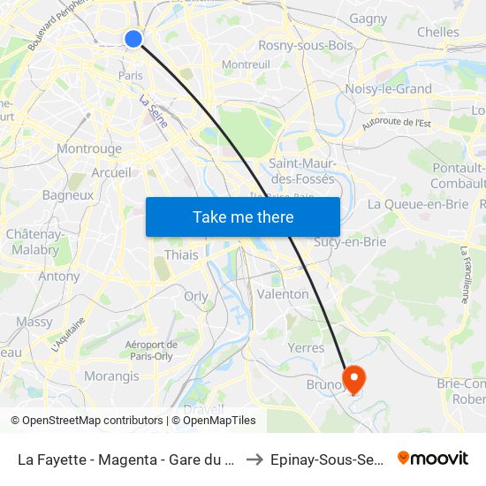 La Fayette - Magenta - Gare du Nord to Epinay-Sous-Senart map
