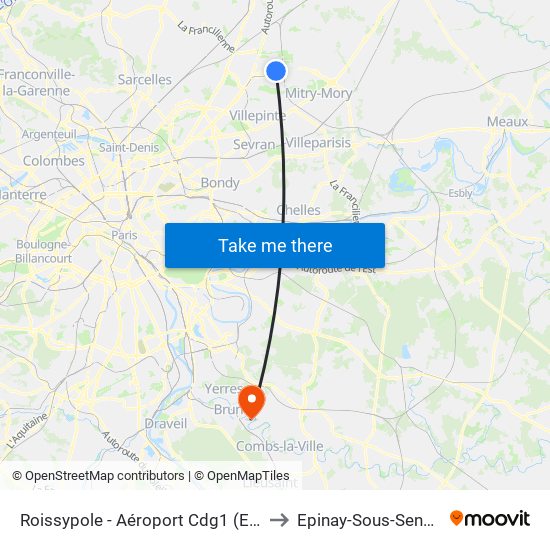 Roissypole - Aéroport Cdg1 (E2) to Epinay-Sous-Senart map