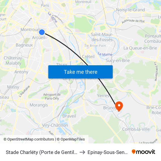 Stade Charléty (Porte de Gentilly) to Epinay-Sous-Senart map