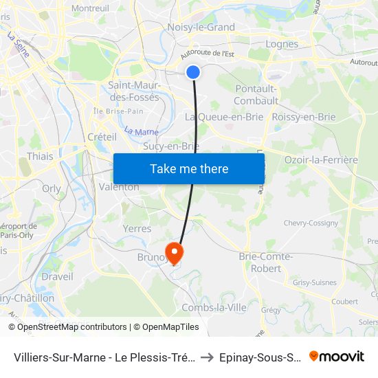 Villiers-Sur-Marne - Le Plessis-Trévise RER to Epinay-Sous-Senart map