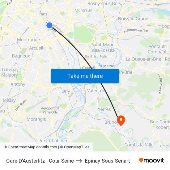 Gare D'Austerlitz - Cour Seine to Epinay-Sous-Senart map