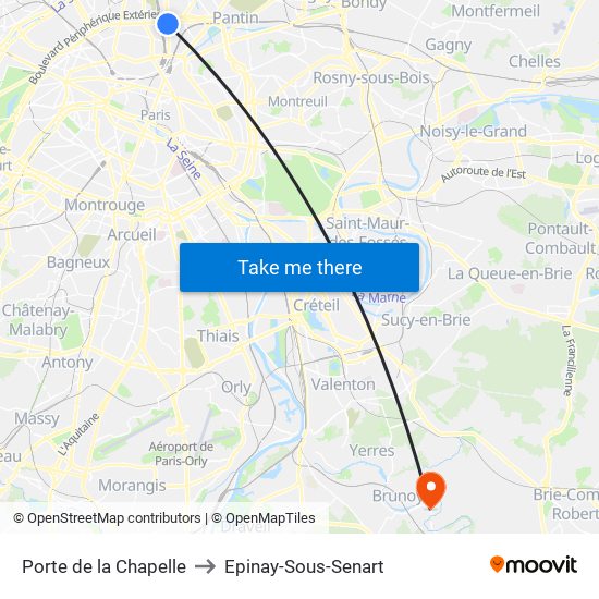 Porte de la Chapelle to Epinay-Sous-Senart map