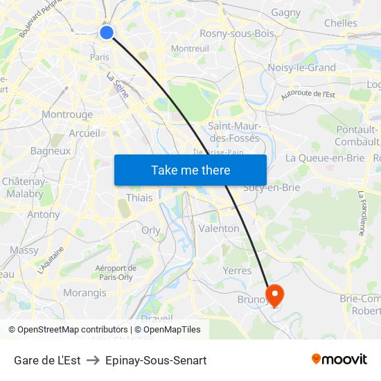 Gare de L'Est to Epinay-Sous-Senart map