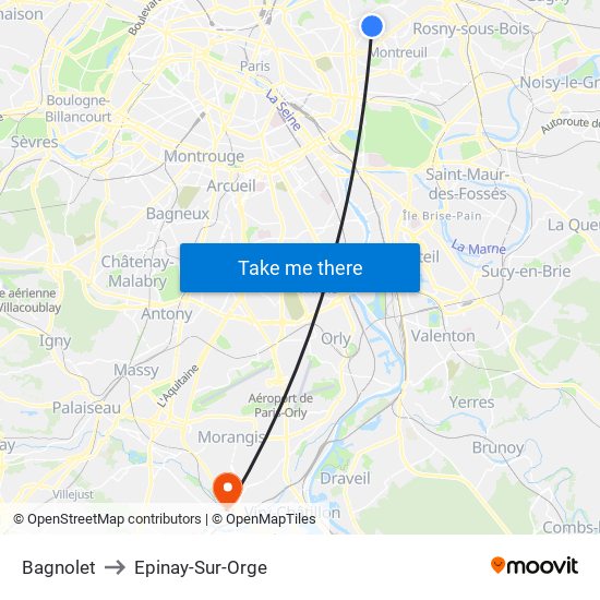 Bagnolet to Epinay-Sur-Orge map