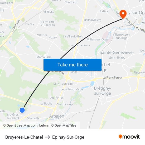 Bruyeres-Le-Chatel to Epinay-Sur-Orge map