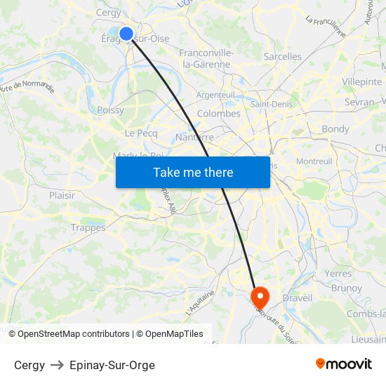 Cergy to Epinay-Sur-Orge map