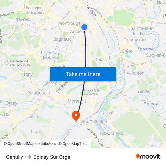 Gentilly to Epinay-Sur-Orge map