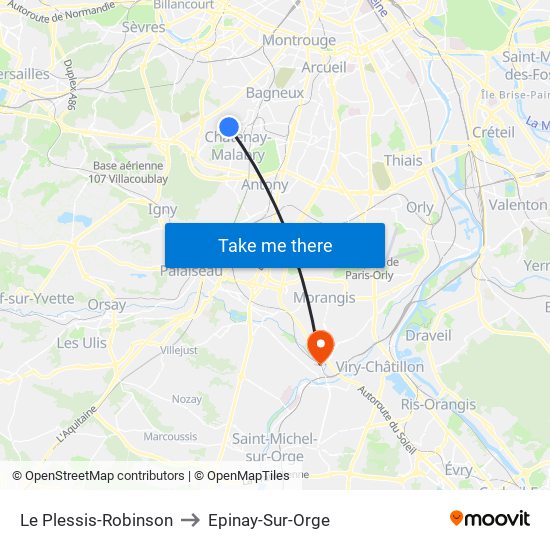 Le Plessis-Robinson to Epinay-Sur-Orge map