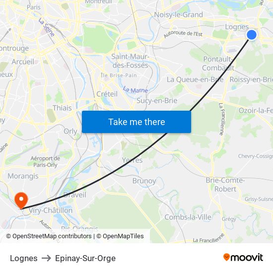 Lognes to Epinay-Sur-Orge map