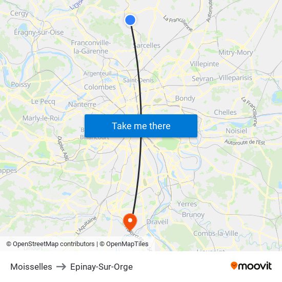 Moisselles to Epinay-Sur-Orge map