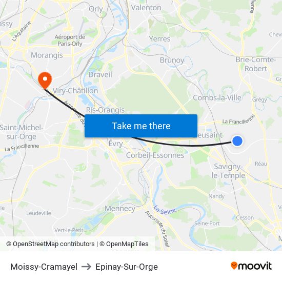 Moissy-Cramayel to Epinay-Sur-Orge map