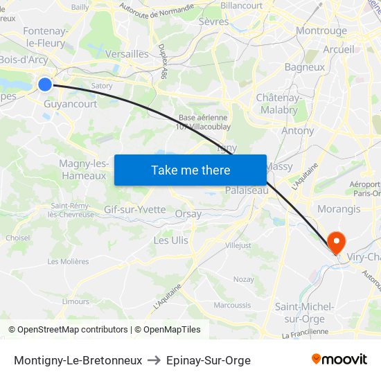 Montigny-Le-Bretonneux to Epinay-Sur-Orge map