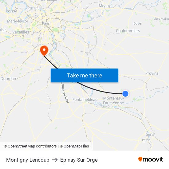 Montigny-Lencoup to Epinay-Sur-Orge map
