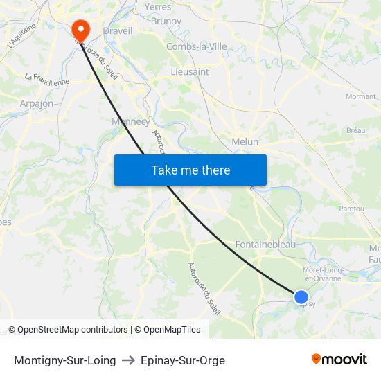 Montigny-Sur-Loing to Epinay-Sur-Orge map