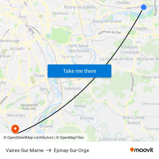 Vaires-Sur-Marne to Epinay-Sur-Orge map