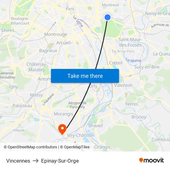 Vincennes to Epinay-Sur-Orge map