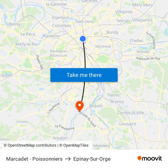Marcadet - Poissonniers to Epinay-Sur-Orge map