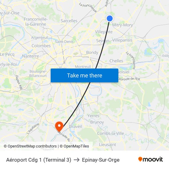 Aéroport Cdg 1 (Terminal 3) to Epinay-Sur-Orge map