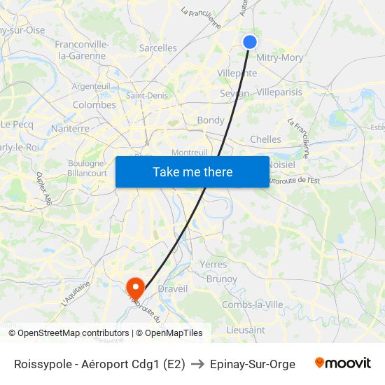 Roissypole - Aéroport Cdg1 (E2) to Epinay-Sur-Orge map