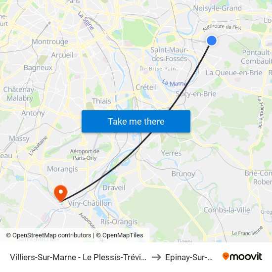 Villiers-Sur-Marne - Le Plessis-Trévise RER to Epinay-Sur-Orge map